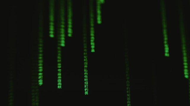 Green neon Chinese characters falling on screen, hacking concept