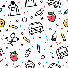 Seamless pattern with school supplies, fruits, and vehicles.