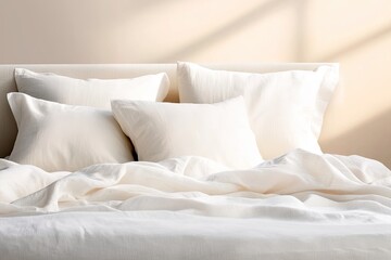 Soft pillows arranged on cozy bed, bathed in warm, natural light