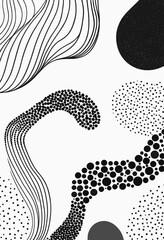 The abstract pattern consists of curved lines, dots, and circles in various sizes and shades of black and white, creating a dynamic and visually striking composition.
