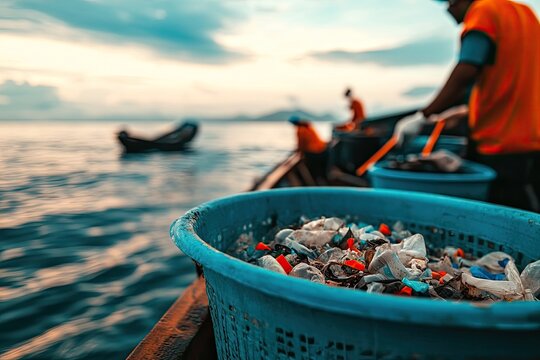 Fishing boat scene with workers collecting plastic waste from oc