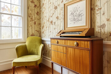 vintage room featuring green chair, wooden cabinet, and framed artwork on floral wallpaper. warm tones create cozy atmosphere