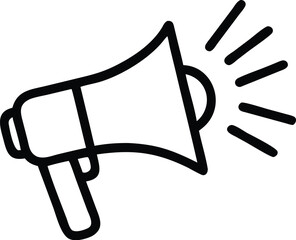 megaphone icon, simple line drawing, black and white, minimalist design, announcement symbol, sound projection, marketing tool, communication device, loud speaker, public address system, bold outline,