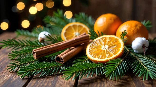 Festive citrus and cinnamon arrangement with twinkling lights on rustic wood