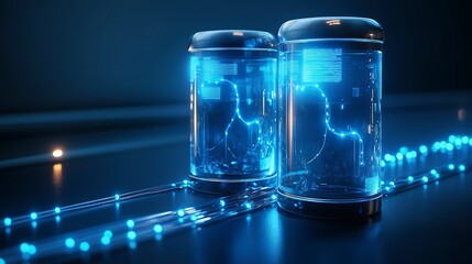  Two glass cylinders symbolizing databases connected by glowing cables