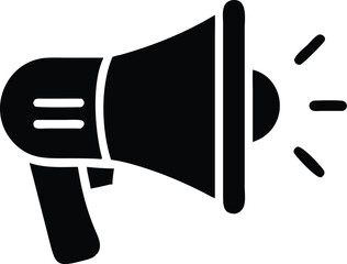 megaphone icon, simple line drawing, black and white, minimalist design, announcement symbol, sound projection, marketing tool, communication device, loud speaker, public address system, bold outline,