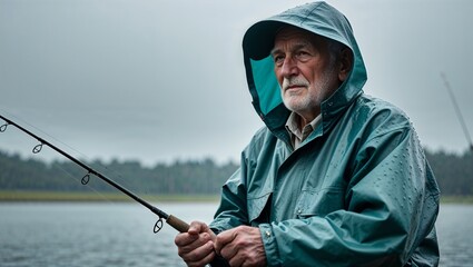 An elderly man fishing in a raincoat by a lake in closeup portrait on a plain light gray background
