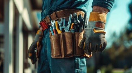 Handy professional repairing tools residential area image of craftsman outdoor environment close-up perspective