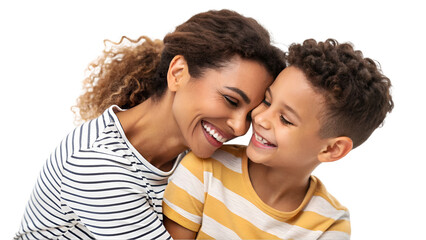 Relationship concept portrait Smiling mother hugging with her son Mommy little kid son posing together  isolated transparent background 