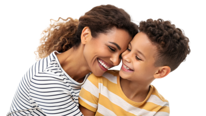 Relationship concept portrait Smiling mother hugging with her son Mommy little kid son posing together  isolated transparent background 