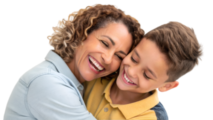 Relationship concept portrait Smiling mother hugging with her son Mommy little kid son posing together  isolated transparent background 