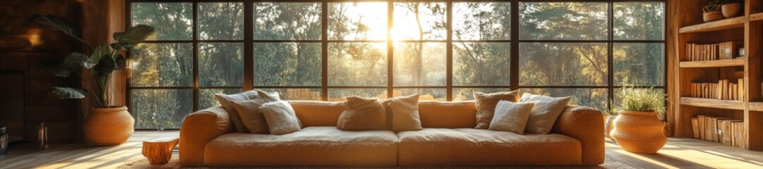 Fototapeta premium Cozy Living Room with Large Windows and Natural Light from the Outdoors. Generative AI