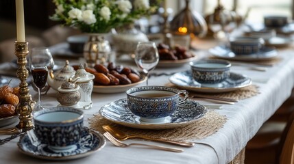Fototapeta premium Elegant Dining Table Setting with Fine China, Floral Centerpiece, and Gourmet Treats