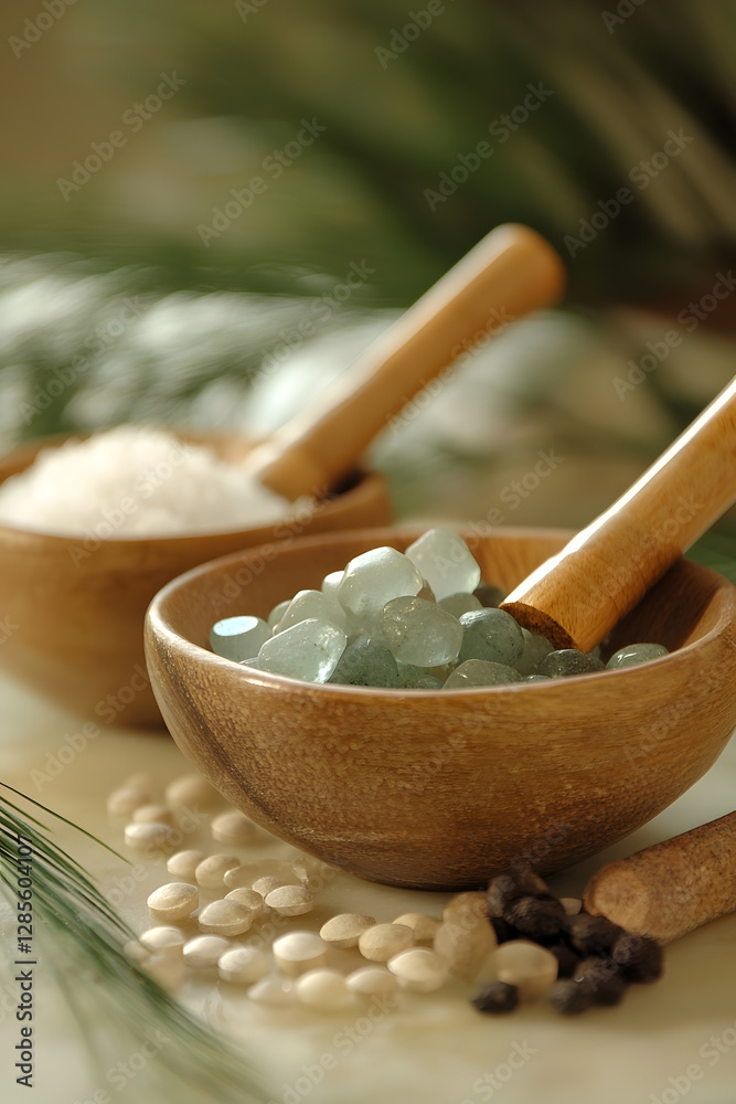 Poster natural spa set with wooden bowls filled with salt and polished stones on a relaxing background : ge