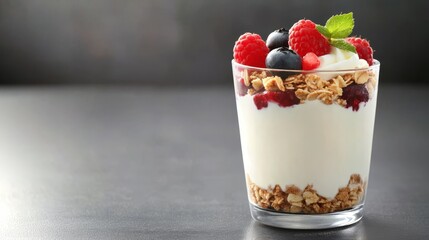 Yogurt parfait with berries and granola on dark surface