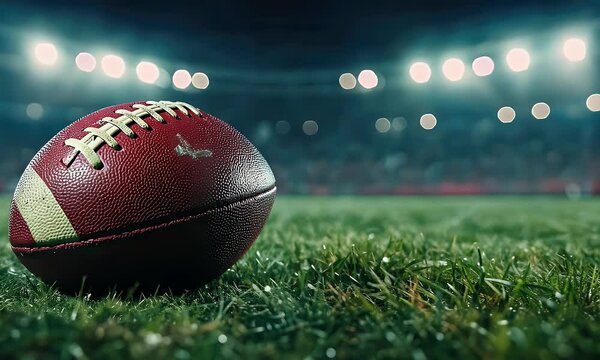 A close-up of a football resting on grass, illuminated by stadium lights in the background.