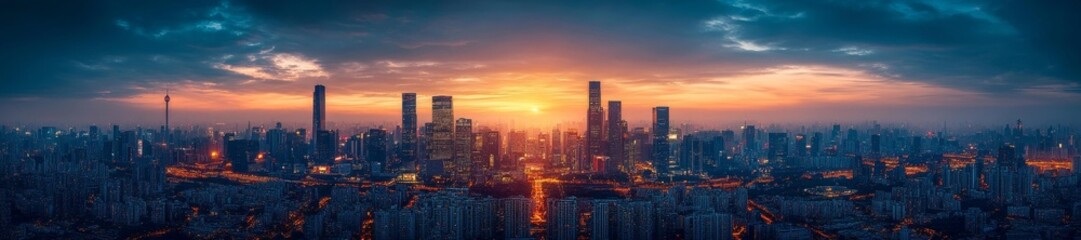 Fototapeta premium Futuristic city at dusk with towering skyscrapers and glowing city lights over the skyline. Generative AI