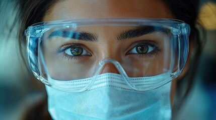 Focused Woman in Protective Gear, Laboratory Setting