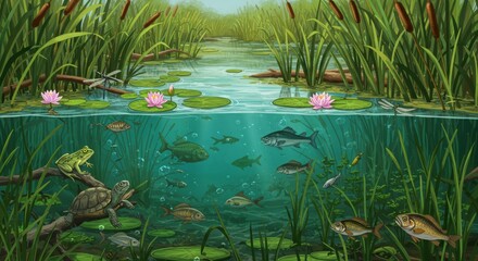 Vibrant wetland habitat showcasing diverse aquatic life both above and below