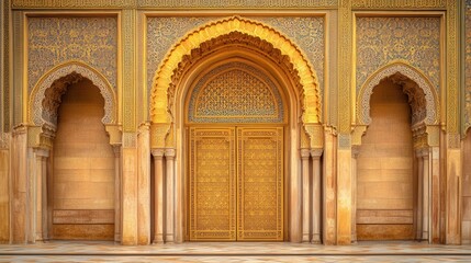 Fototapeta premium Ornate Islamic Architecture with Golden Detailing and Intricate Doorway Design in Morocco