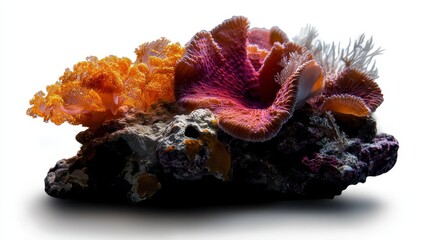 Obraz premium Vibrant Coral Reef Display, intricate coral formations, vivid colors, marine life details, isolated on white background for clear presentation