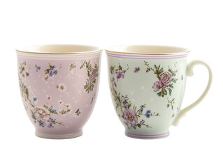 Elegant Pair of Pastel Colored Teacups with Floral Patterns for Tea or Coffee Delight