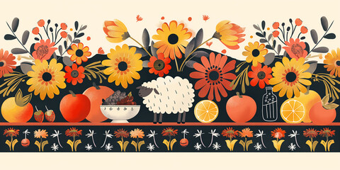 Festive Eid Table with Fruits, Flowers, and Sheep Symbol Background