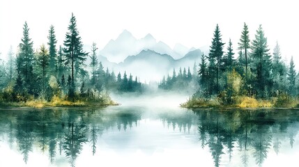 Green forest landscape in watercolor style, evoking tranquility and peace on a white background, perfect for nature lovers and minimalist design enthusiasts.