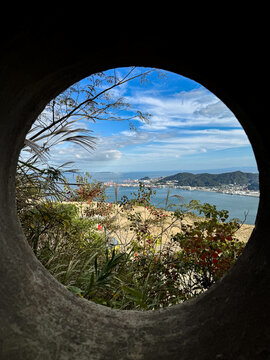 View of the Kanmon Strait from a Bunker Window at Hinoyama Park