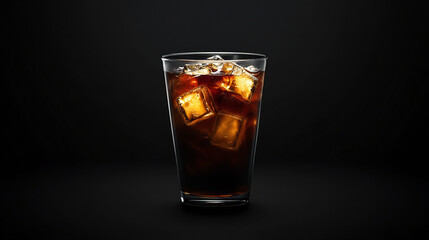 A glass of refreshing coffee with ice cubes. Dark background. A glass of soft drink with ice isolated on black background, drink concept.