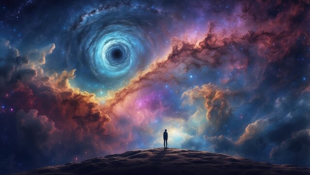A silhouetted figure stands on a rocky outcrop, gazing up at a vibrant, swirling galaxy filled with stars and colorful nebulae.