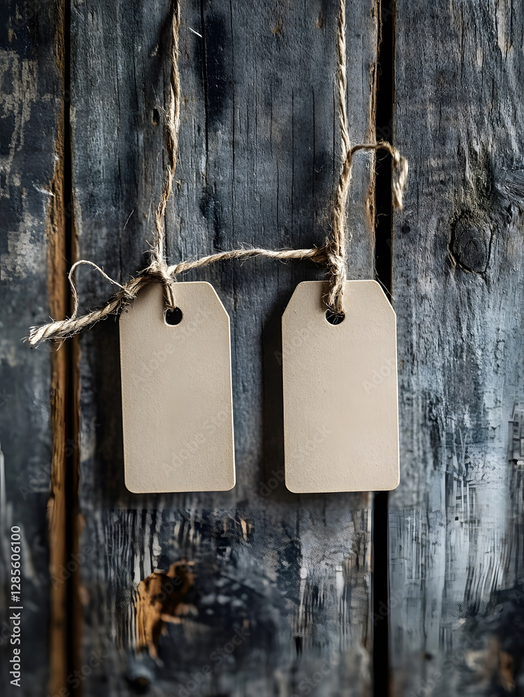 Poster pair of rustic blank price tags hanging on weathered wooden background : generative ai