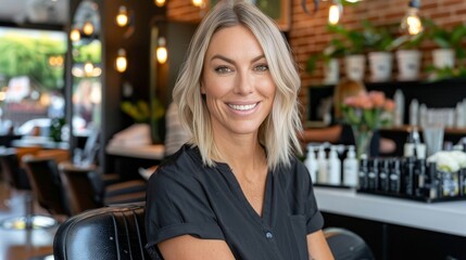 Blonde woman indulging in a luxurious hair makeover at a trendy salon, enhancing her style and look