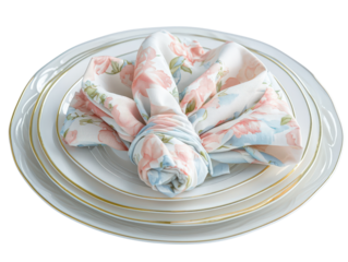 Elegant Spring-Themed Table Setting with Floral Napkin Arrangement on Fine China Plates