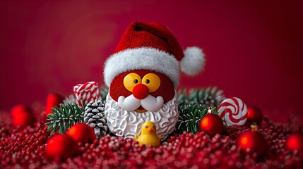 Obraz premium Christmas emoji. Santa Claus emoticon in xmas hat, snowman and funny yellow faces with deer antler headband. Gift box, christmas tree HD 8K wallpaper Photographic Image