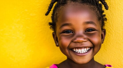 A joyful African-American girl’s bright smile radiates warmth and happiness.
