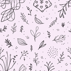 The pattern consists of various stylized leaves and plants in black and white, scattered across a light pink background.