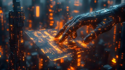 AI-driven visual creation, cybernetic hands designing photos, futuristic cityscape background, digital evolution, high resolution