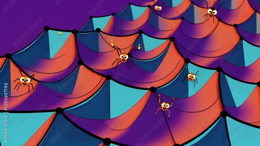 Poster a group of bugs are hanging out on a blue and red tent. there are five bugs in total