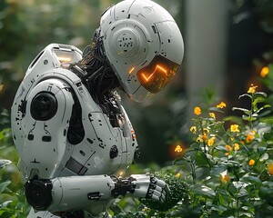 Fototapeta premium Futuristic Robotic Gardener Tending to High Tech Greenhouse with Glowing Tools
