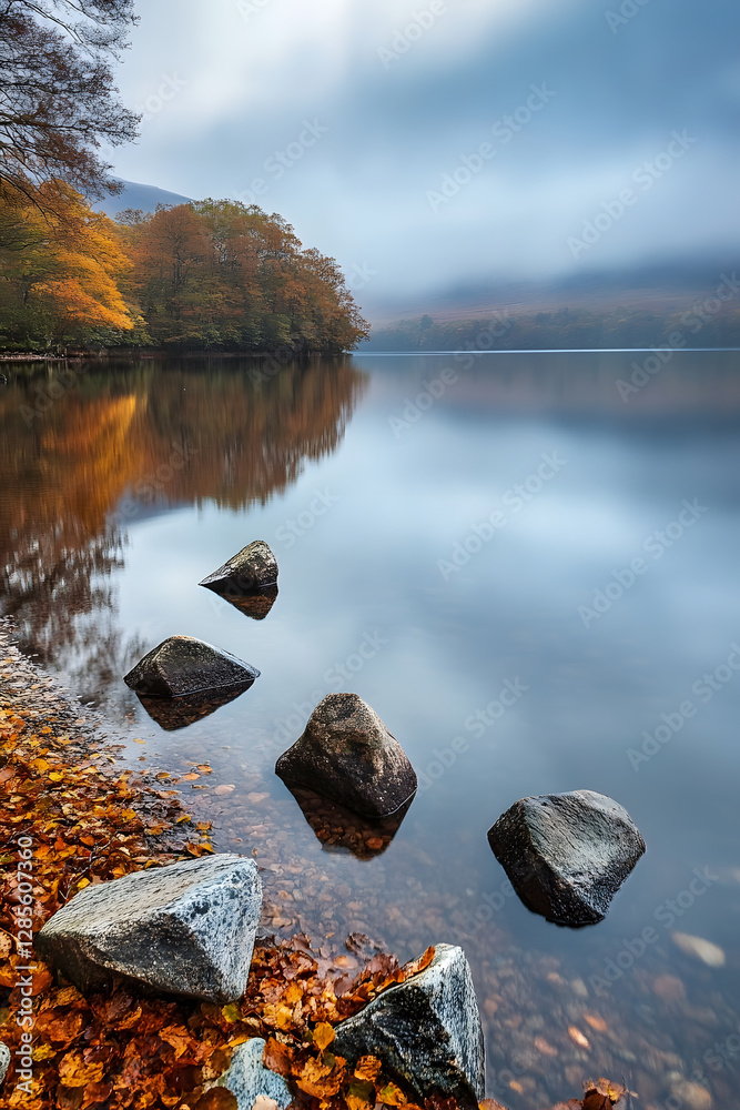 Aufkleber tranquil autumn lake reflecting trees with misty overcast skies : generative ai