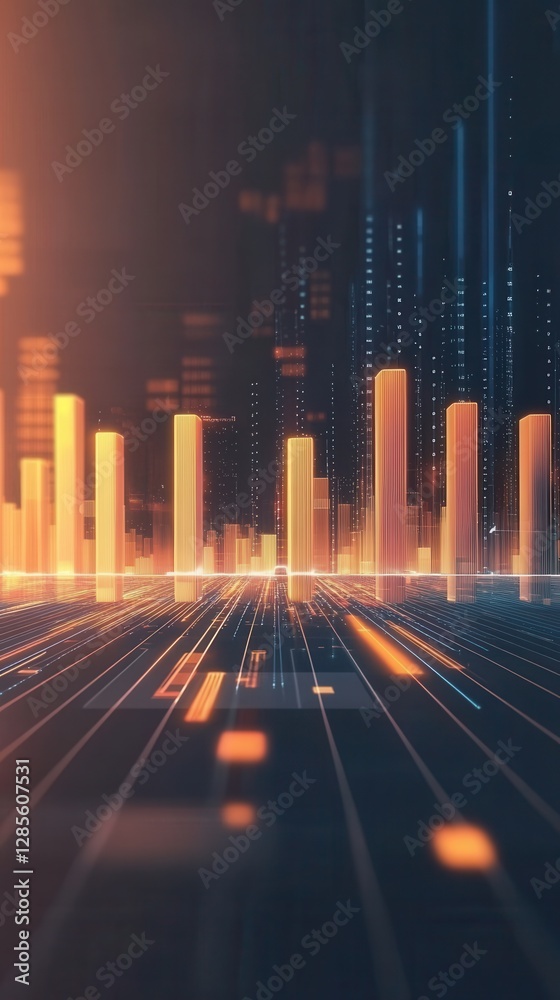 Poster futuristic digital landscape with glowing bar graphs and abstract data visualization elements