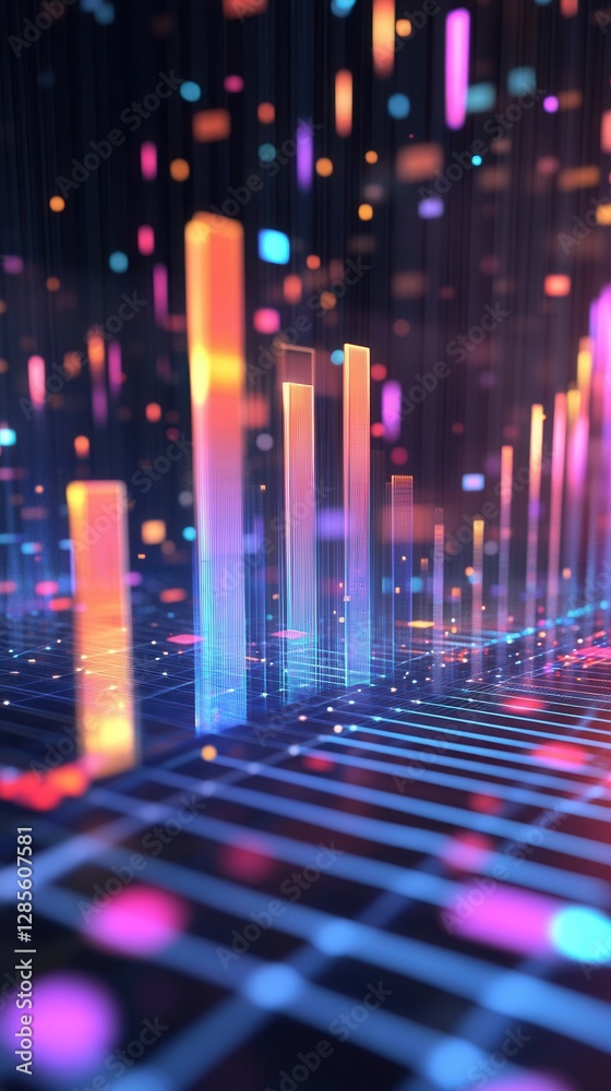 Poster colorful abstract data visualization with colorful bars and dots representing information flow
