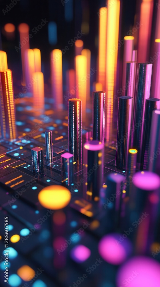Poster colorful 3d data visualization with neon lights and abstract patterns in digital space