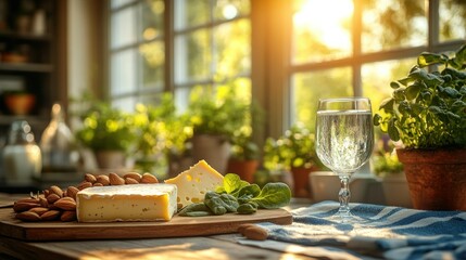 Naklejka premium Wooden table with cheese, almonds, herbs, and water glass by window