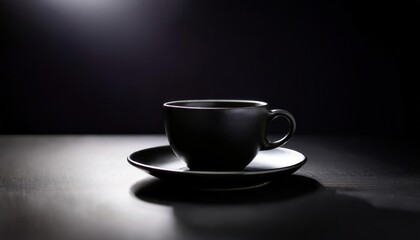 Obraz premium A single black coffee cup placed on a dark matte surface. A minimalist and moody composition, emphasizing contrast and elegance with deep tones and subtle reflections.