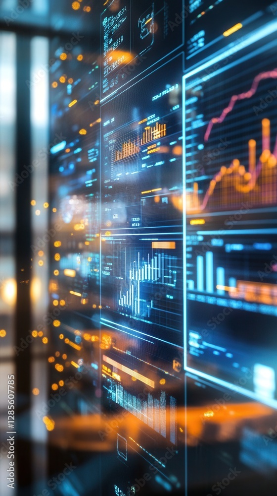 Poster data visualization dashboard with colorful graphs and digital indicators in modern office space