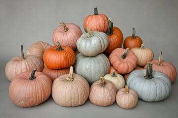 Vibrant display of assorted pumpkins showcasing a burst of color and texture against a soft gray backdrop. Generative AI