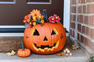 Obraz premium Charming Halloween pumpkin on the doorstep adorned with autumn flowers and glowing candles. Generative AI