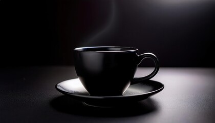 A single black coffee cup placed on a dark matte surface. A minimalist and moody composition, emphasizing contrast and elegance with deep tones and subtle reflections.